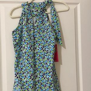 Katherine Way NWT  Women’s Dress Carmel Style Halter Size S Geometric Blue Green